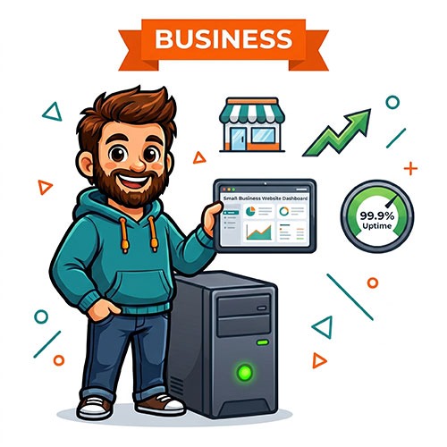 The Beard Guy mascot promoting Managed WordPress Hosting Business plan with server and dashboard