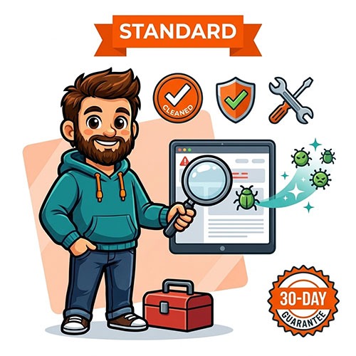 WordPress malware removal Standard Rescue package by The Beard Guy with cleaned site and security scan
