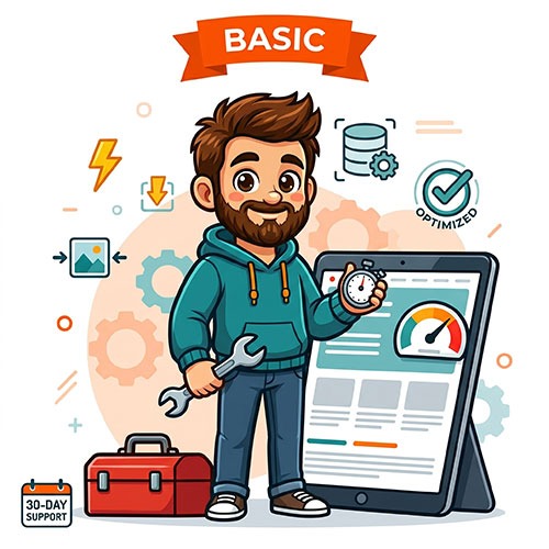 WordPress speed optimization Basic package by The Beard Guy with PageSpeed gauge and performance dashboard