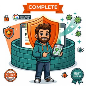 WordPress malware removal complete rescue package by The Beard Guy with firewall shield and security monitoring dashboard
