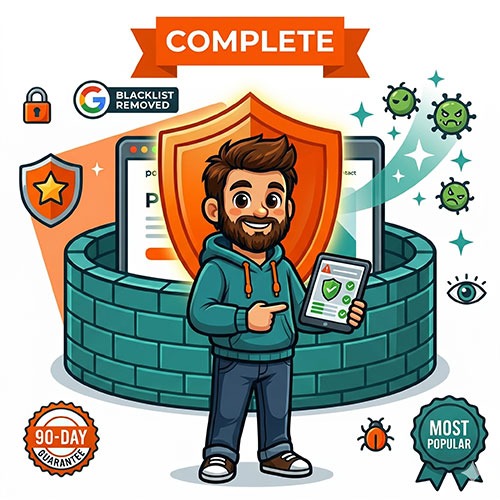 WordPress malware removal complete rescue package by The Beard Guy with firewall shield and security monitoring dashboard