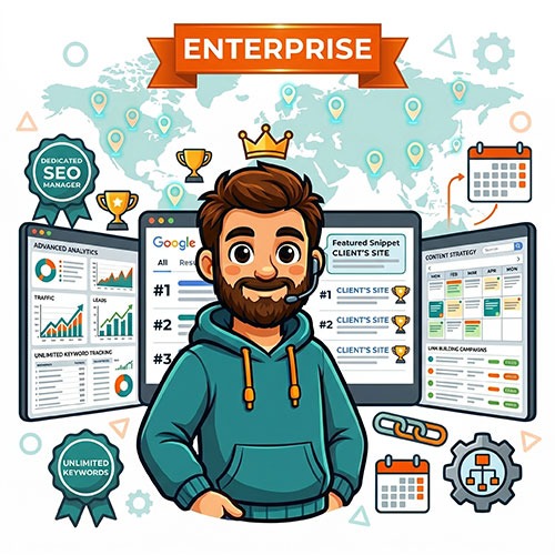 Professional SEO services enterprise plan by The Beard Guy with dedicated manager and dominant Google rankings dashboard