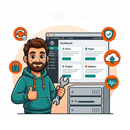 WordPress-Maintenance The Beard Guy mascot maintaining a WordPress site on the client's existing host, with update, security, backup and uptime icons